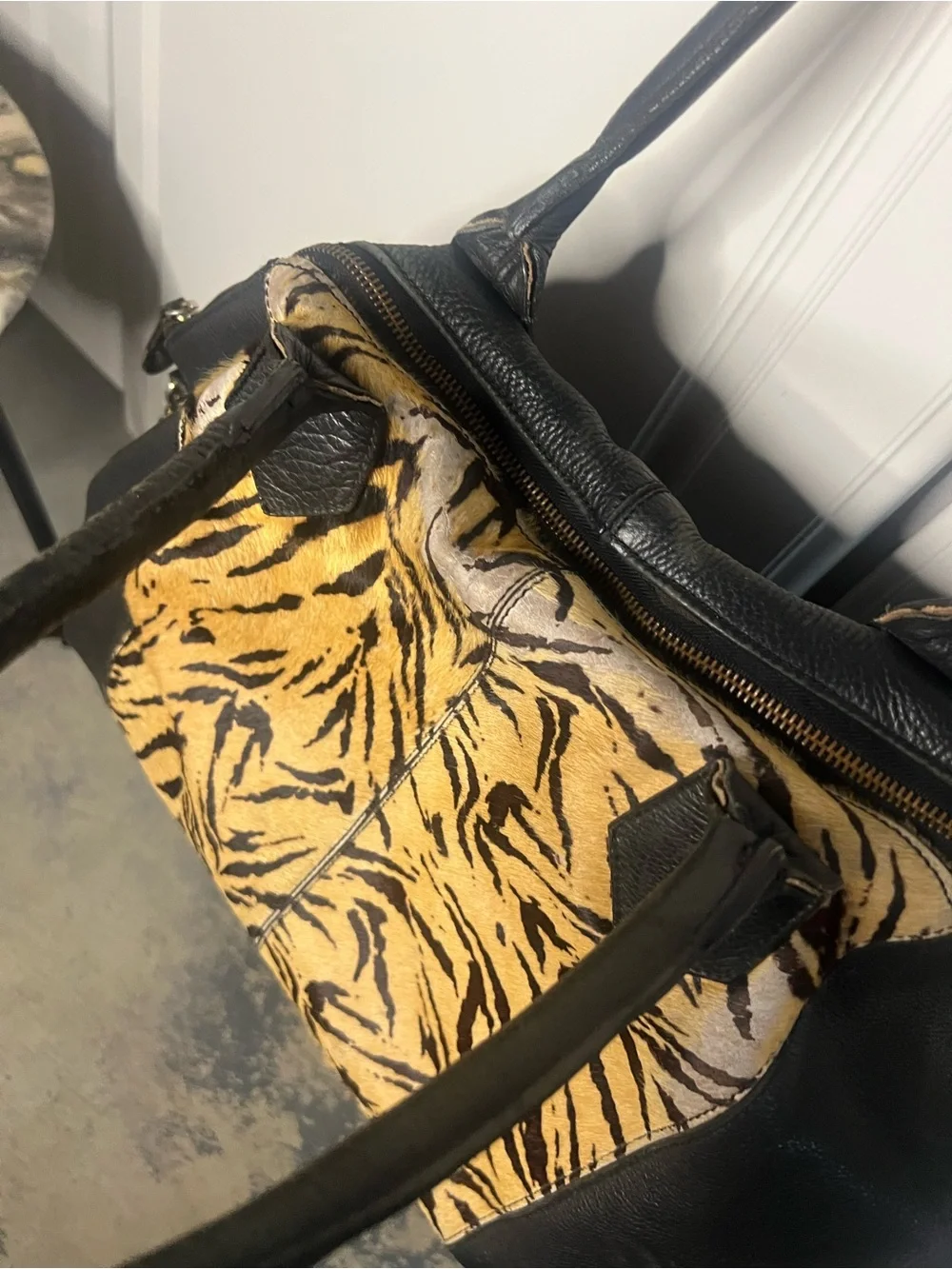 Y2K Shoestock Tiger Calf Hair Leather Satchel Fringe Bag